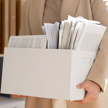Holding a box full of important documents